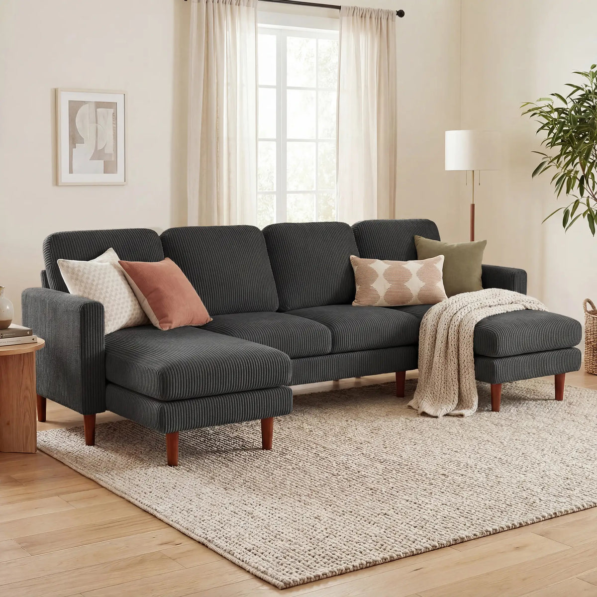 U Shaped Sectional Sofa, 2200lb Capacity, Corduroy, Double Chaise, Dark Grey 3-Seater Sofas at Gallery Canada
