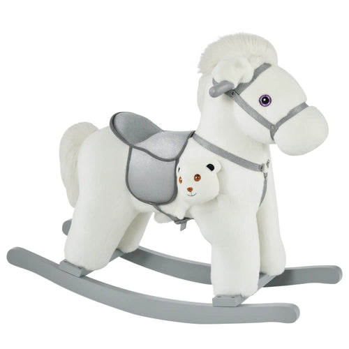 Kids Plush Ride-On Rocking Horse, Soft Bear Toy, Realistic Sounds, White