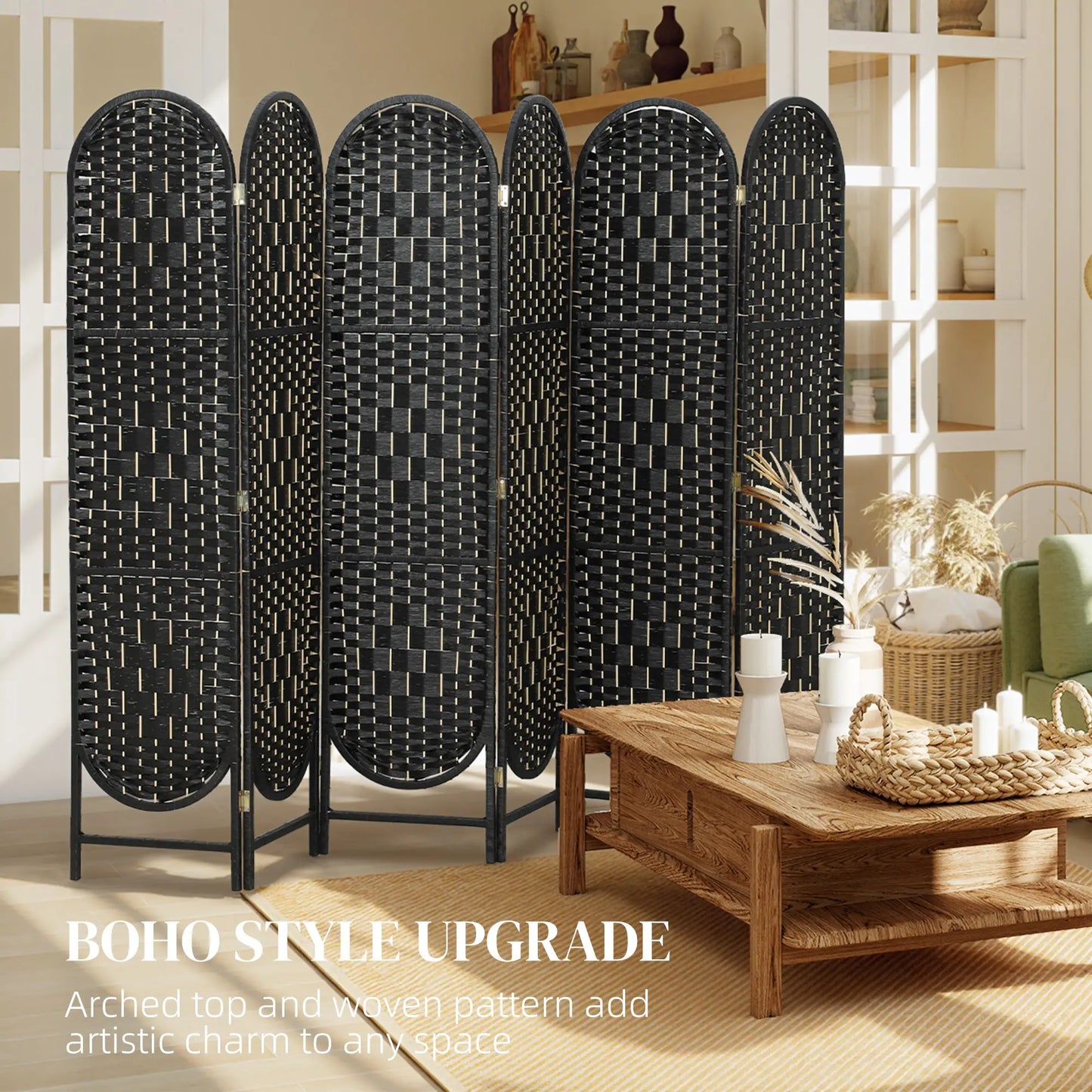 Bohemian Privacy Screen, 6 Panel Folding Room Divider, Arched Top, Black Room Dividers at Gallery Canada