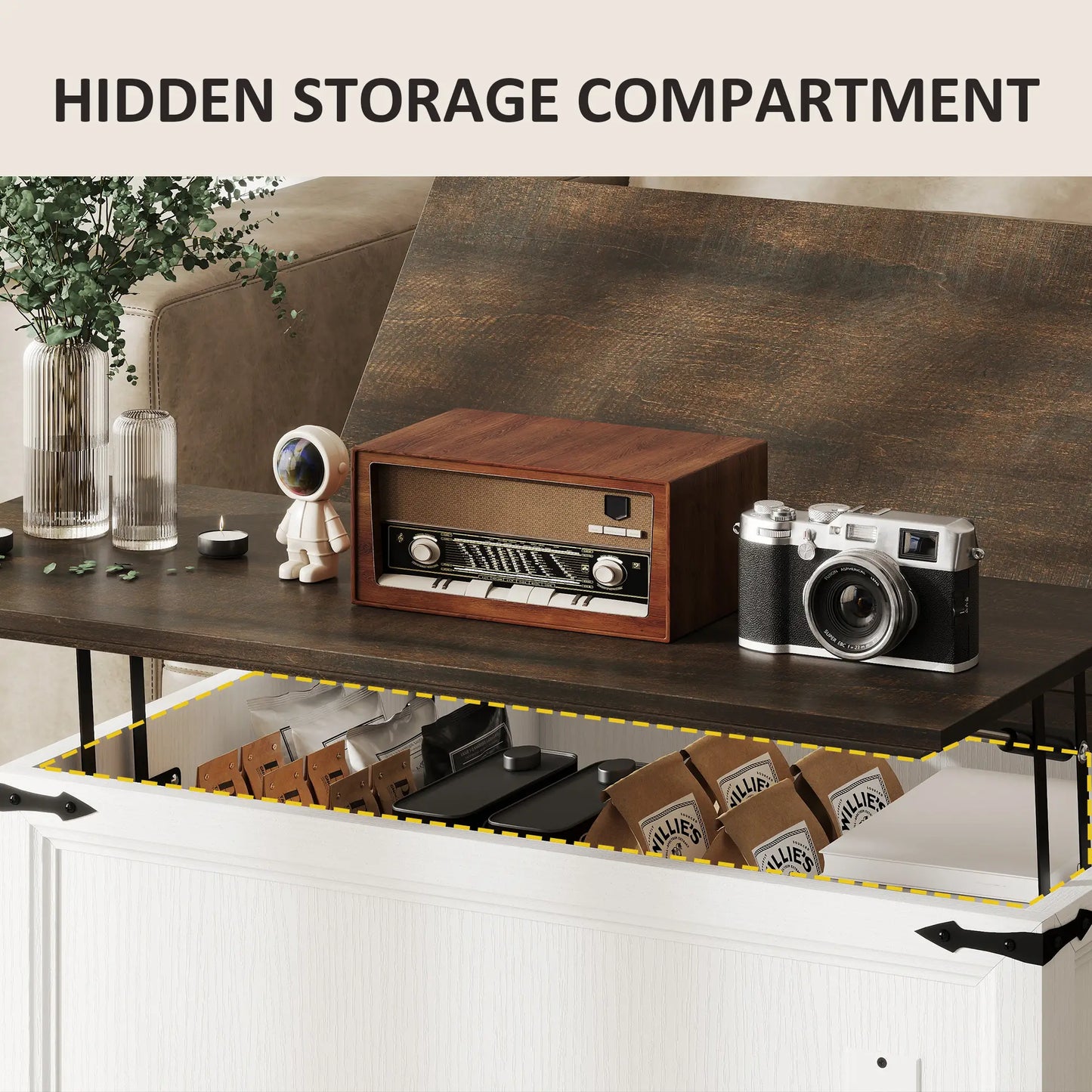 Lift Top Coffee Table, Square Farmhouse Center Table, White Wood Grain, White Coffee Tables at Gallery Canada