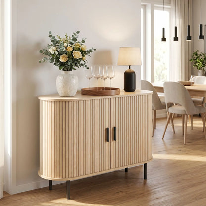 Sideboard Buffet Cabinet with Curved Tambour Doors, Natural Wood, Natural Wood