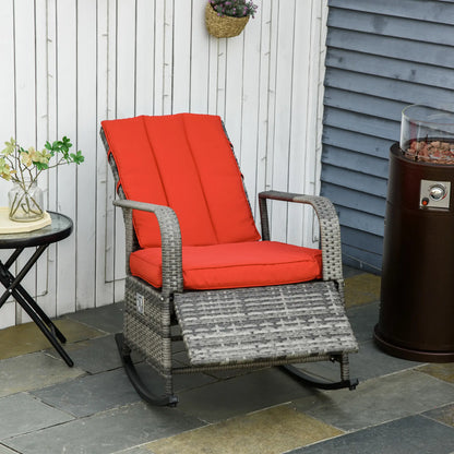 Outdoor Wicker Rocking Chair with Cushion, PE Rattan Recliner, Adjustable Footrest, Red Outdoor Rocking Chairs at Gallery Canada