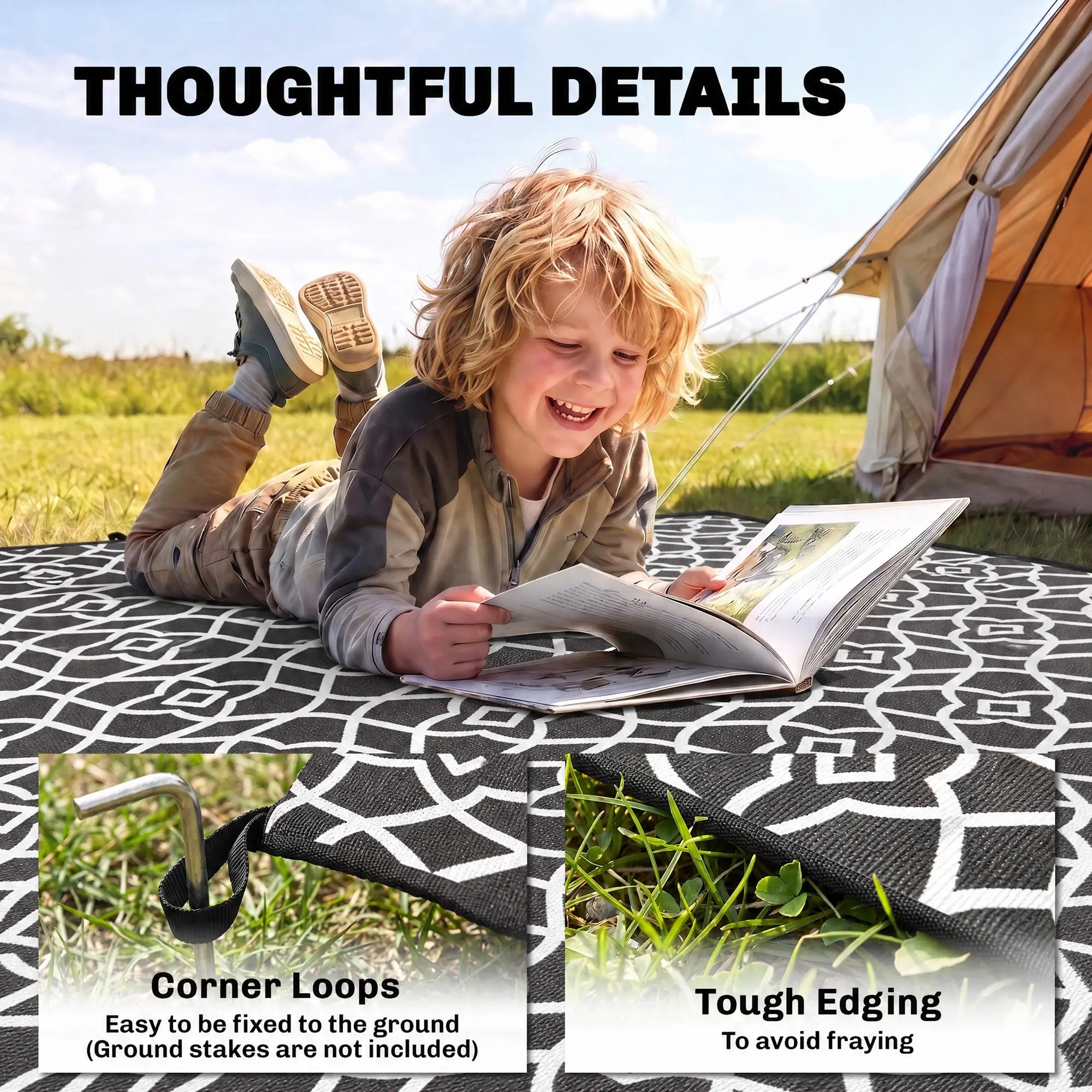 Reversible Outdoor Rug, Waterproof, 9' x 18', Clover, Black and White Outdoor Reversible Rugs at Gallery Canada