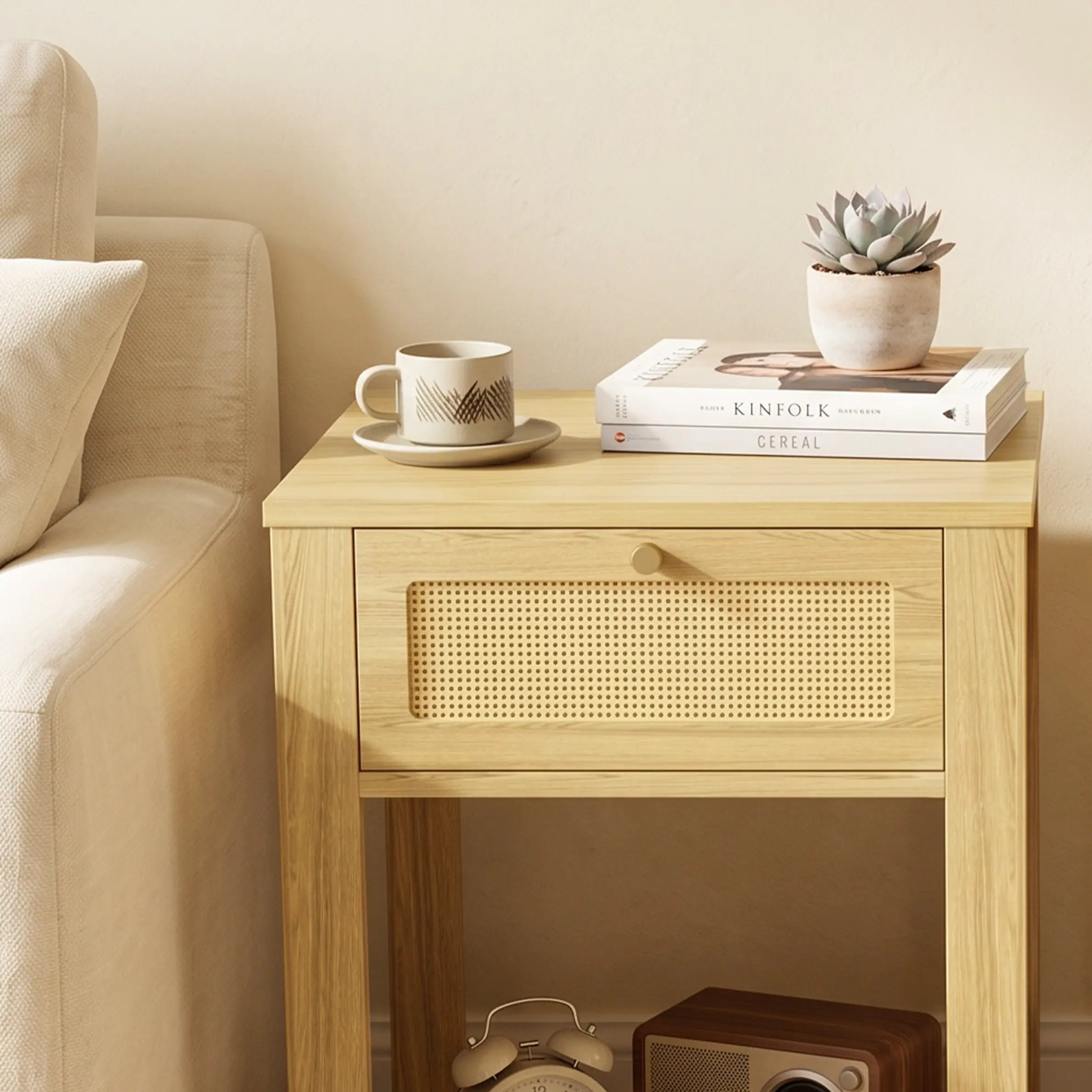 Nightstand Set of 2 With Drawer & Shelf, Natural Wood, Natural Wood Side Tables at Gallery Canada