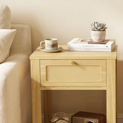 Nightstand Set of 2 With Drawer & Shelf, Natural Wood, Natural Wood Side Tables at Gallery Canada