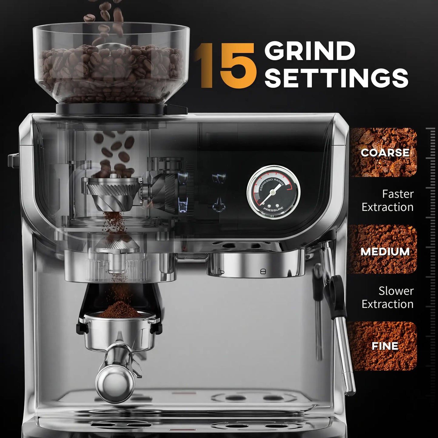 15 Bar Espresso Machine With Grinder & Milk Frother, Stainless Steel, Black Small Kitchen Appliances at Gallery Canada