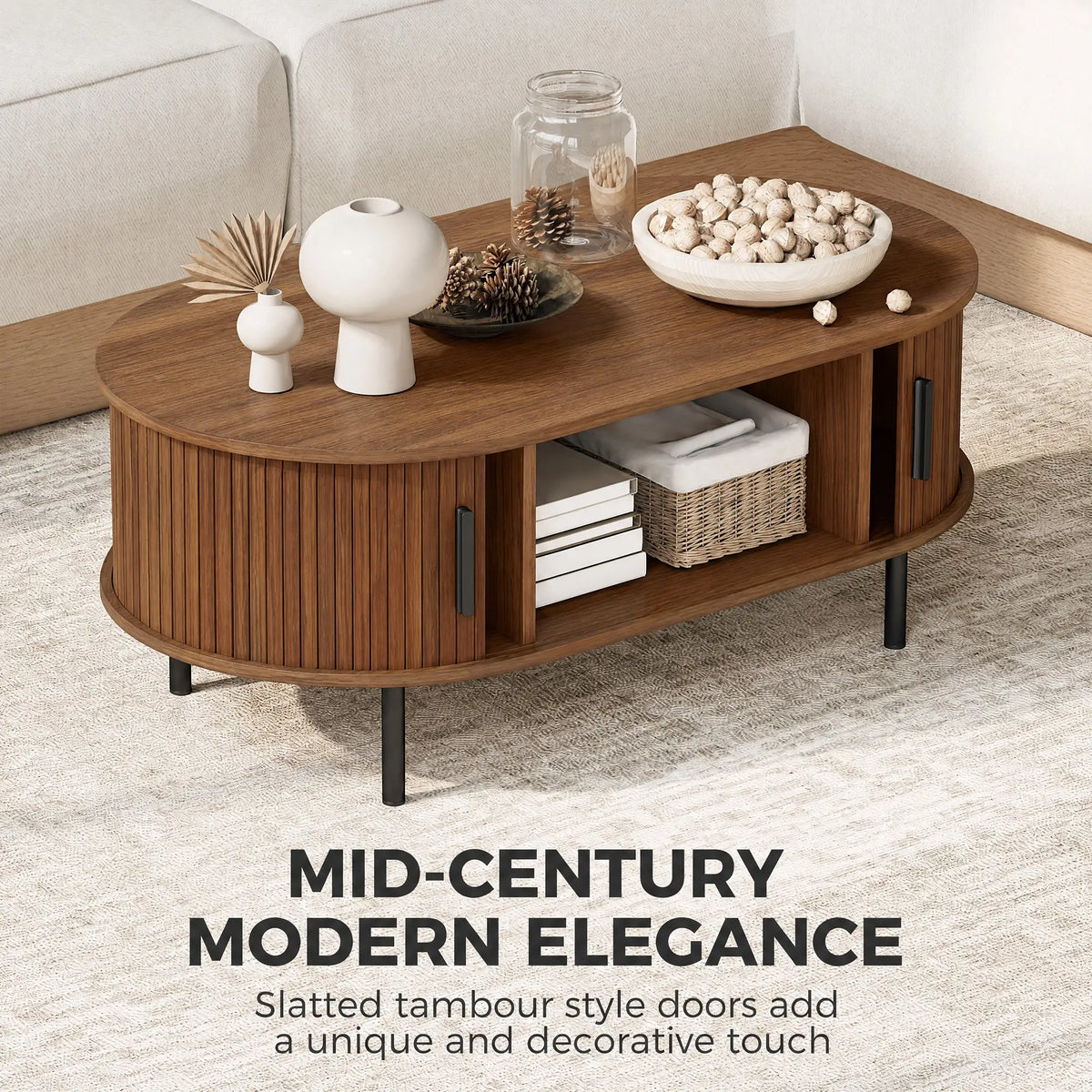 Coffee Table with Sliding Tambour Doors and Storage Center Table with Metal Legs, 39", Brown Coffee Tables at Gallery Canada