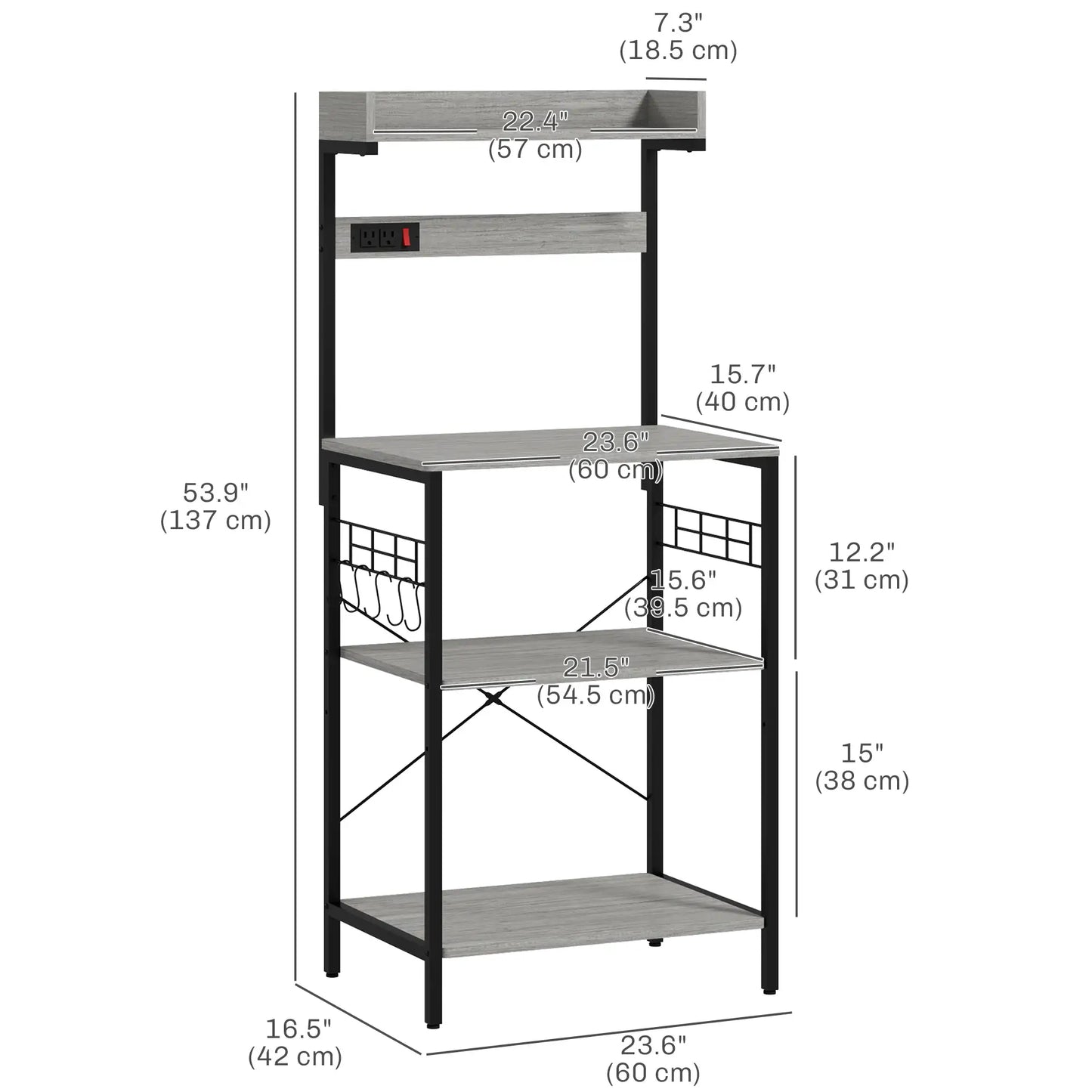 Kitchen Baker's Rack with Power Outlet, Adjustable Shelves, Distressed Grey, Grey Bar Cabinets at Gallery Canada