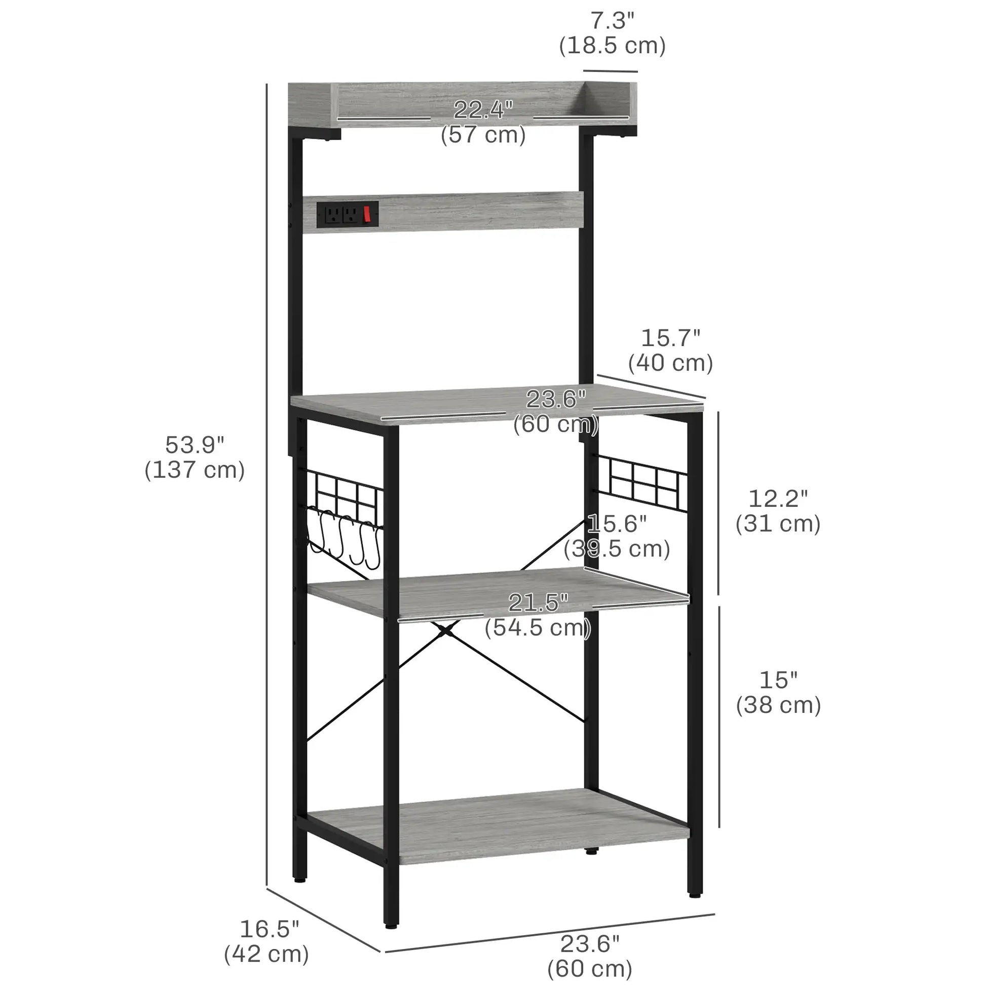 Kitchen Baker's Rack with Power Outlet, Adjustable Shelves, Distressed Grey, Grey Bar Cabinets at Gallery Canada