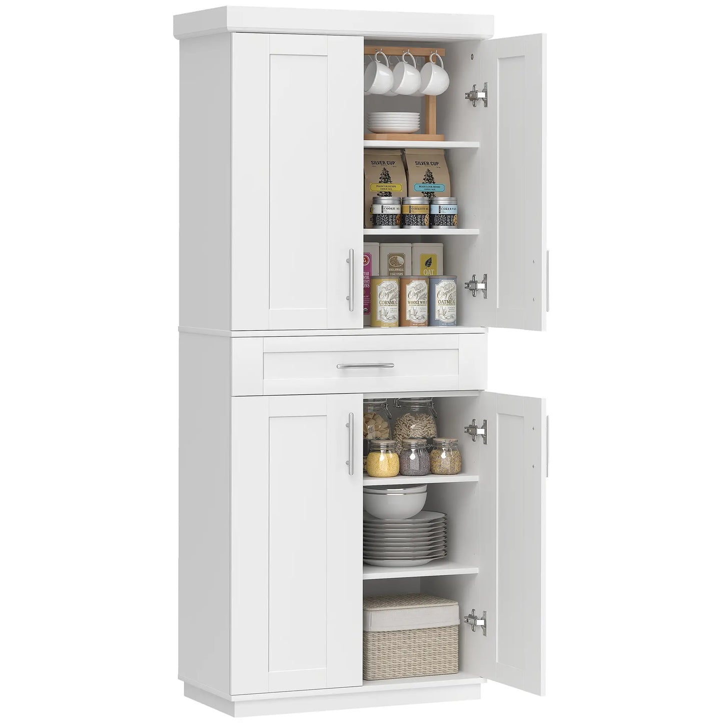 72" Storage Cabinet, Freestanding Kitchen Pantry Cabinet with 4 Doors, Drawer and 3 Adjustable Shelves, White Kitchen Pantry Cabinets at Gallery Canada