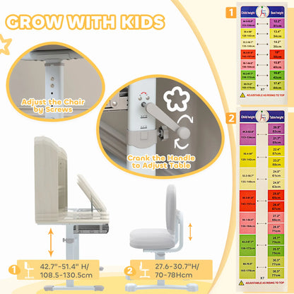 Kids Desk Chair Set, Adjustable Height, Tilting Desktop, Drawer Shelves, Grey Kids Desk Sets at Gallery Canada