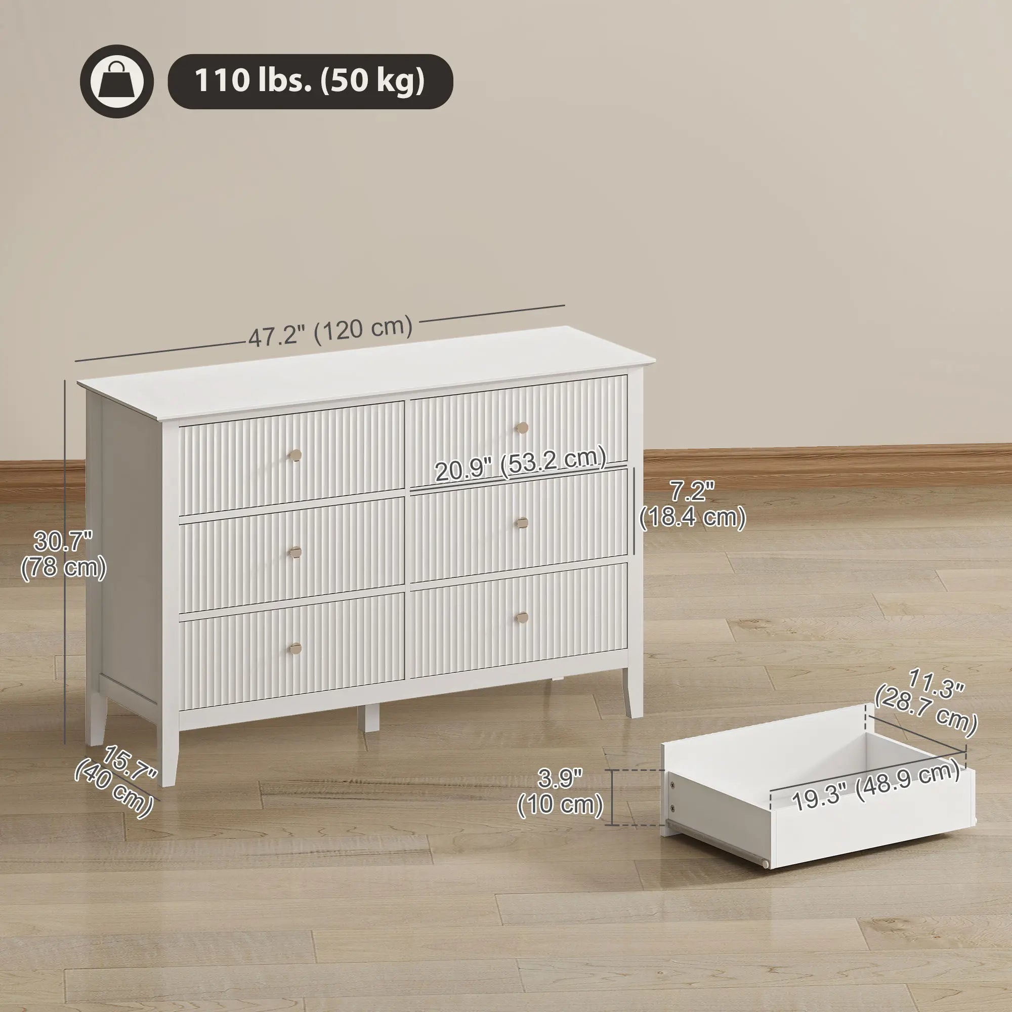 Modern 6 Drawer Dresser, Double Chest, White Storage Cabinets at Gallery Canada