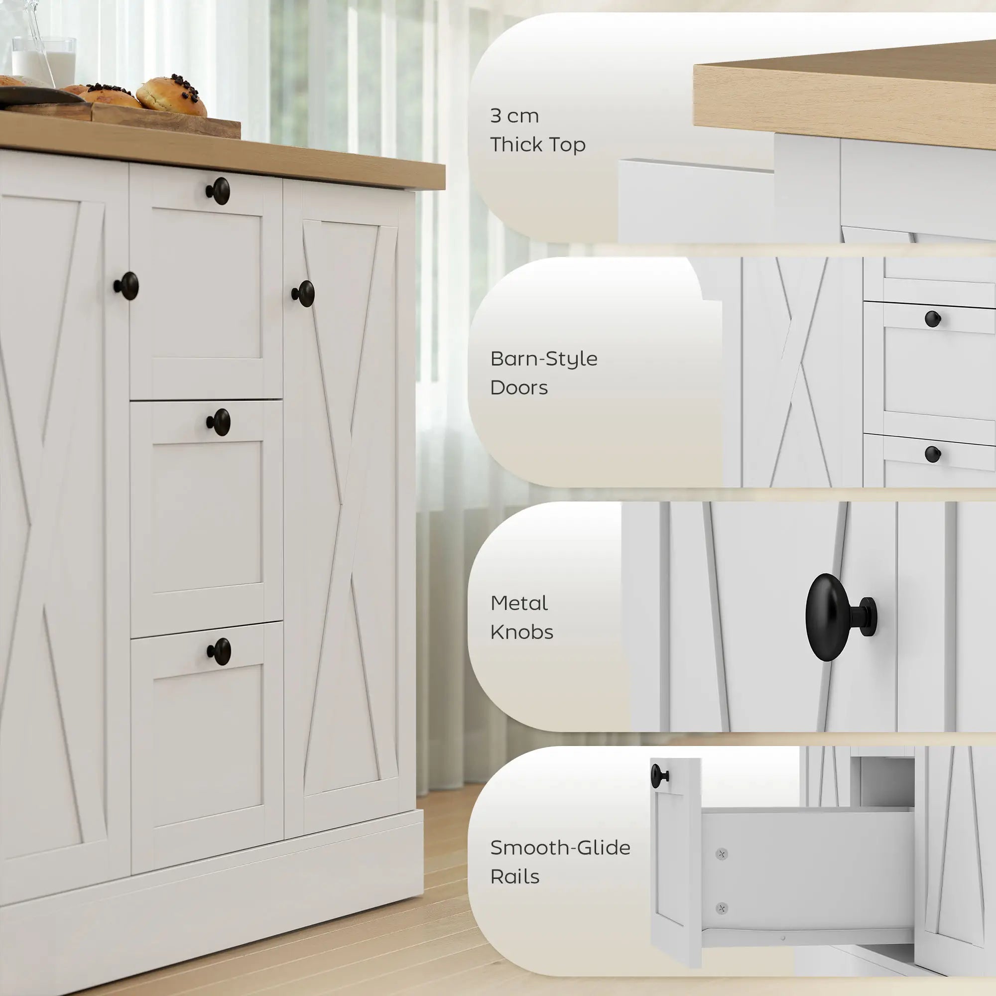 Farmhouse Kitchen Island Cart with Power Outlet, 49 Inch, White Kitchen Islands & Kitchen Carts at Gallery Canada