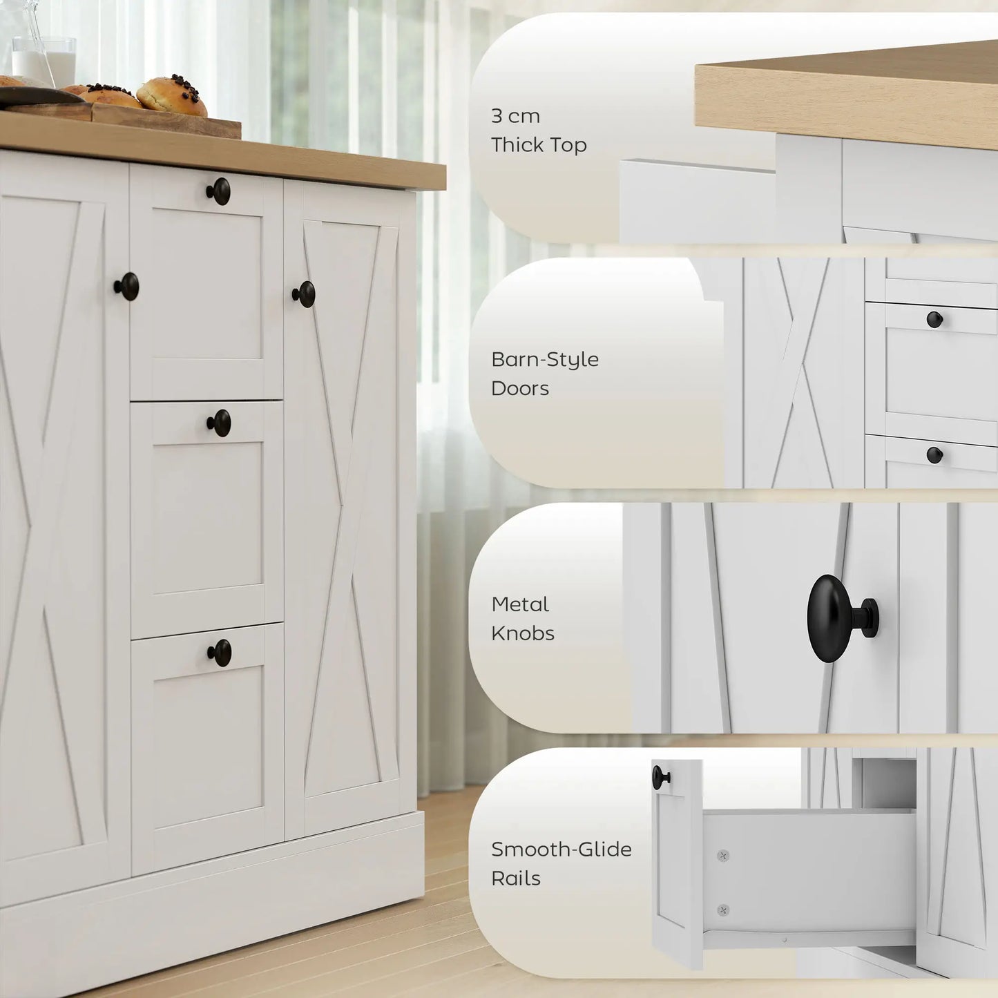 Farmhouse Kitchen Island Cart with Power Outlet, 49 Inch, White Kitchen Islands & Kitchen Carts at Gallery Canada