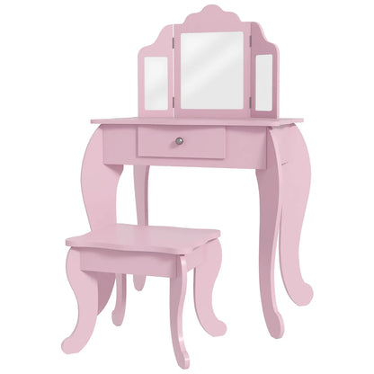 Kids Vanity Table and Stool, Makeup Set with Tri-Folding Mirrors, Pink Kids Bedroom Furniture at Gallery Canada