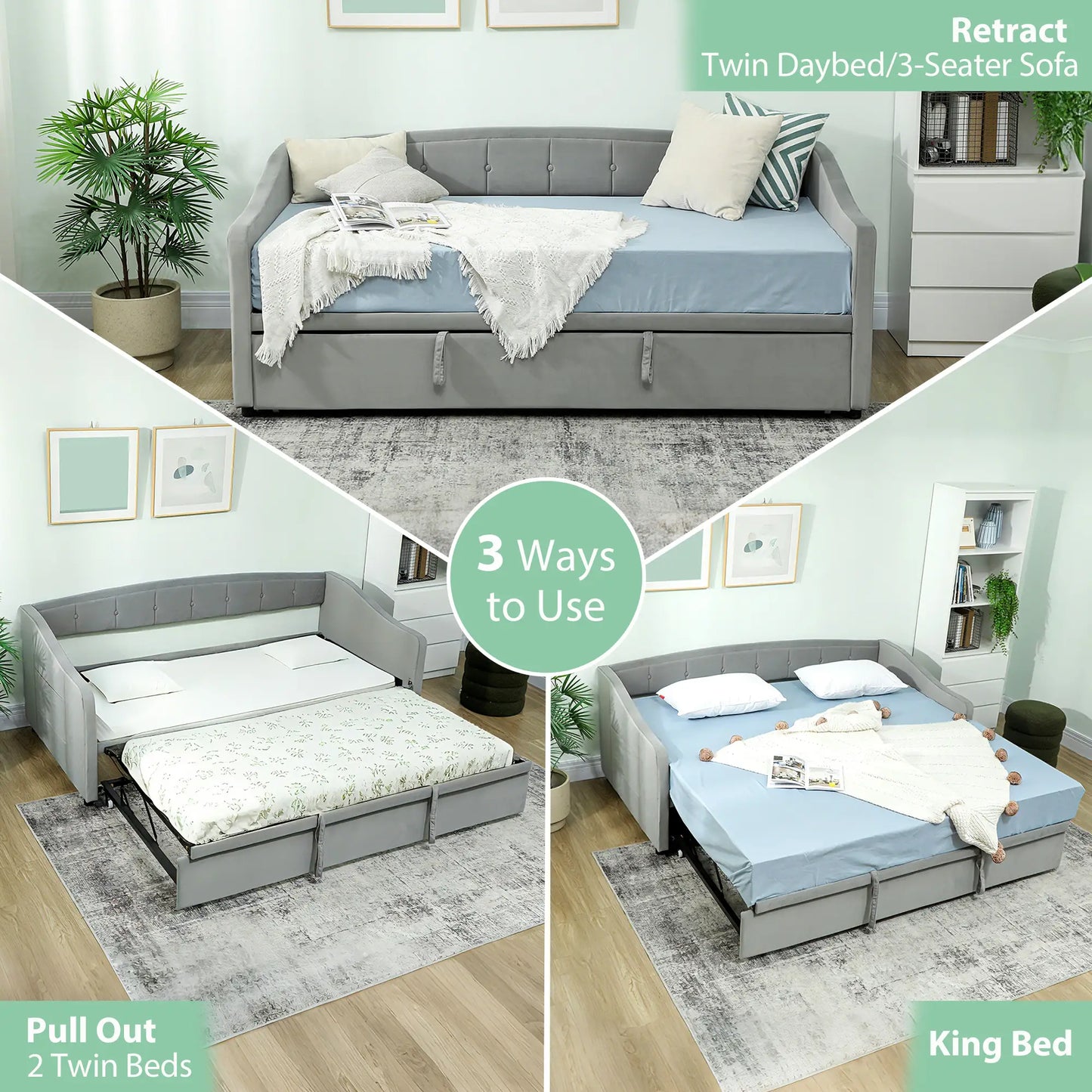Upholstered Twin Size Trundle Bed, With Headboard And Pockets, Light Grey