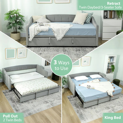 Upholstered Twin Size Trundle Bed, With Headboard And Pockets, Light Grey