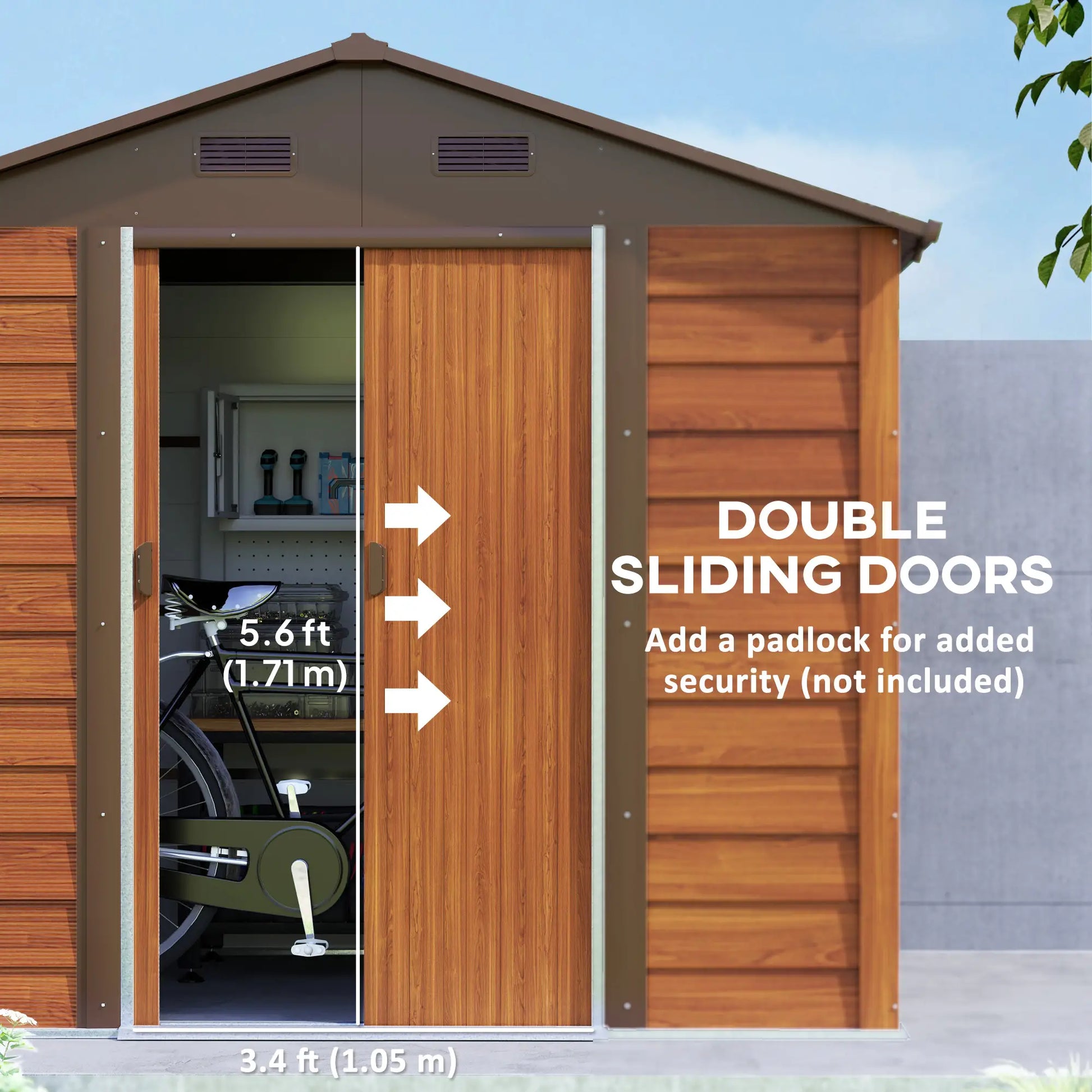 7.7' x 6.5' Metal Garden Shed, Ventilation, Dark Brown Wood Grain Sheds at Gallery Canada