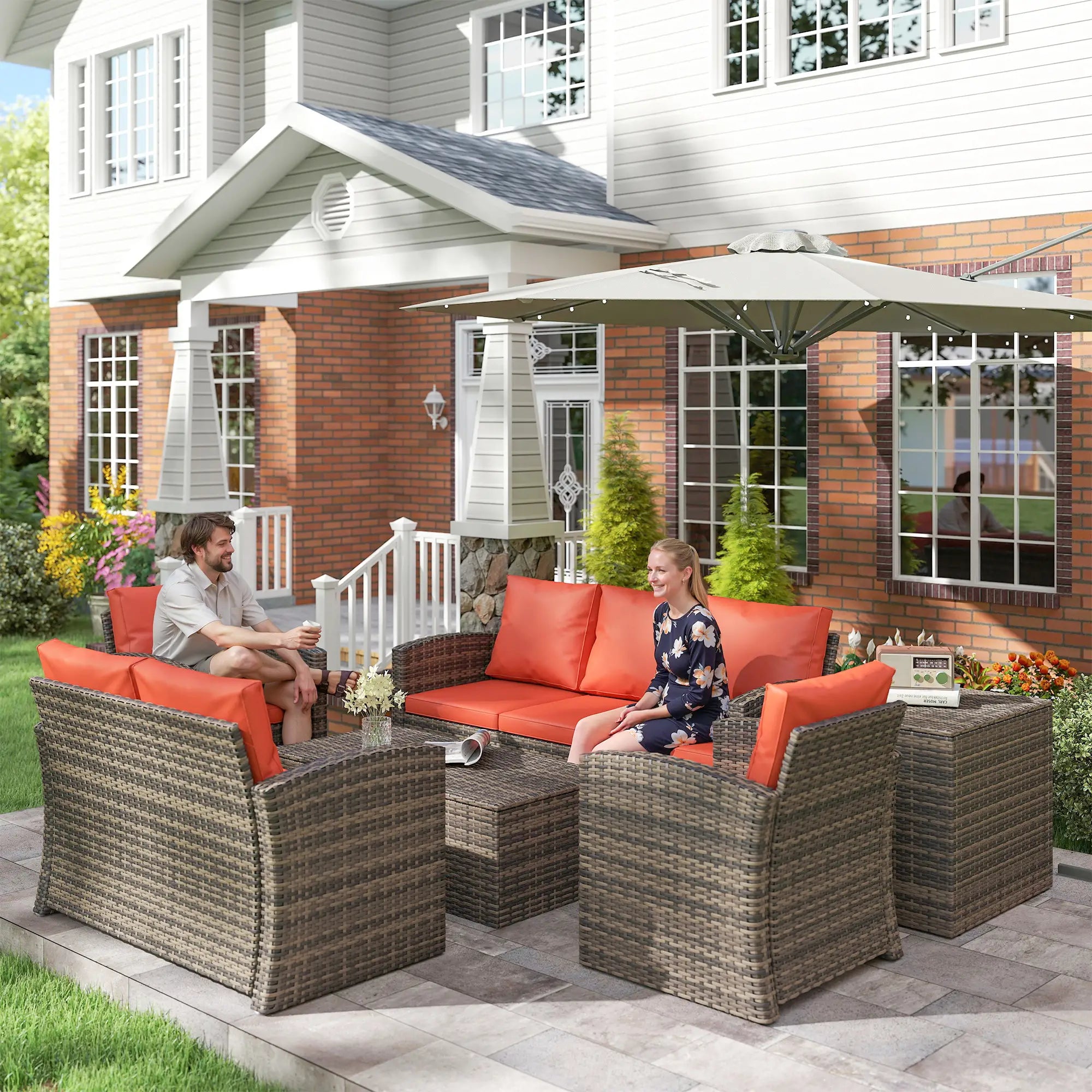 6-Piece Wicker Patio Set with Cushions, 7-Seater Rattan Sofa, Orange Patio Furniture Sets at Gallery Canada
