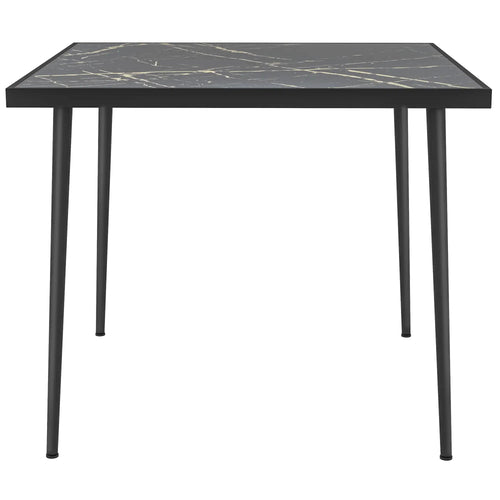 Square Patio Dining Table for 4, Marble Effect Glass Top, Steel Frame, Black