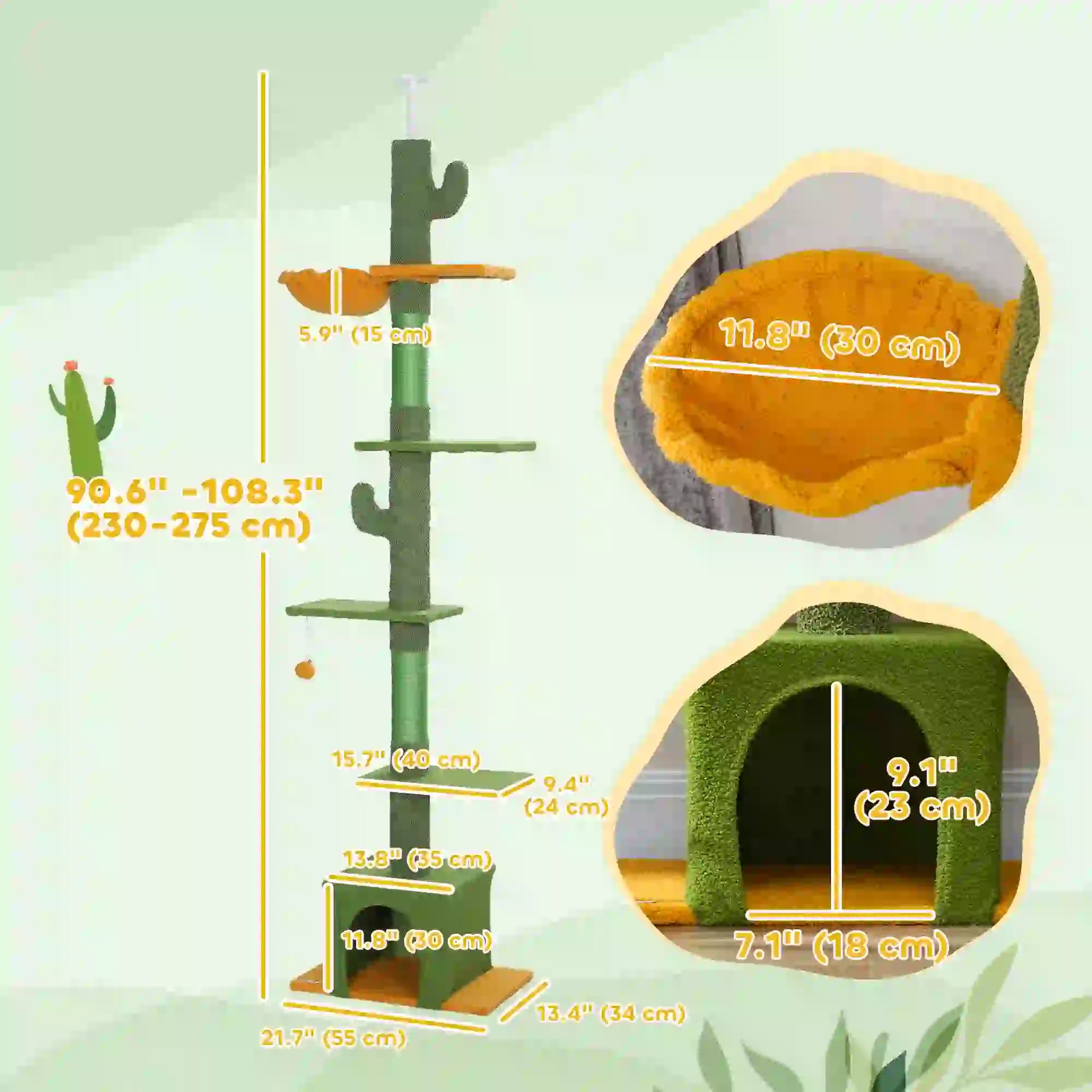 Adjustable Cat Tree Tower, 90.5"-108", Scratching Posts, Hammock, Green Floor to Ceiling Cat Trees at Gallery Canada