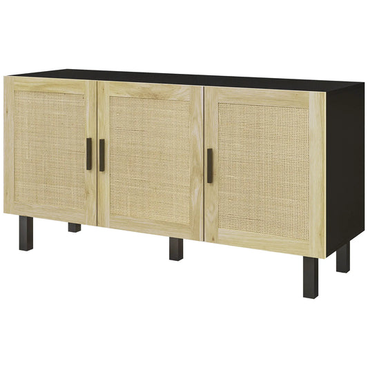 Boho Sideboard, 3 Rattan Doors, Adjustable Shelves, Natural, Black Storage Cabinets Black, Natural at Gallery Canada