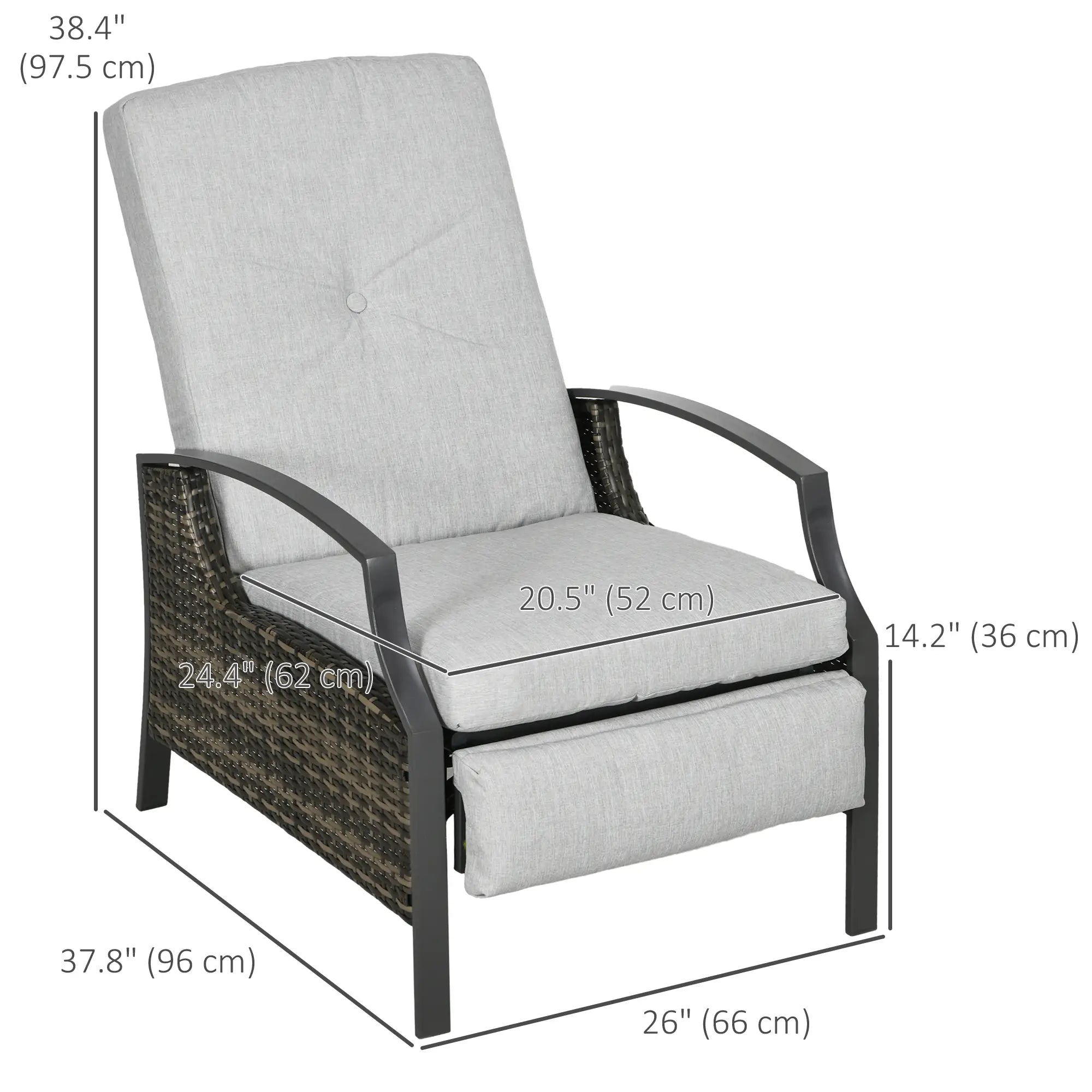Outdoor Rattan Recliner Chair, Adjustable Back, Retractable Footrest, Light Grey Chaise Loungers at Gallery Canada