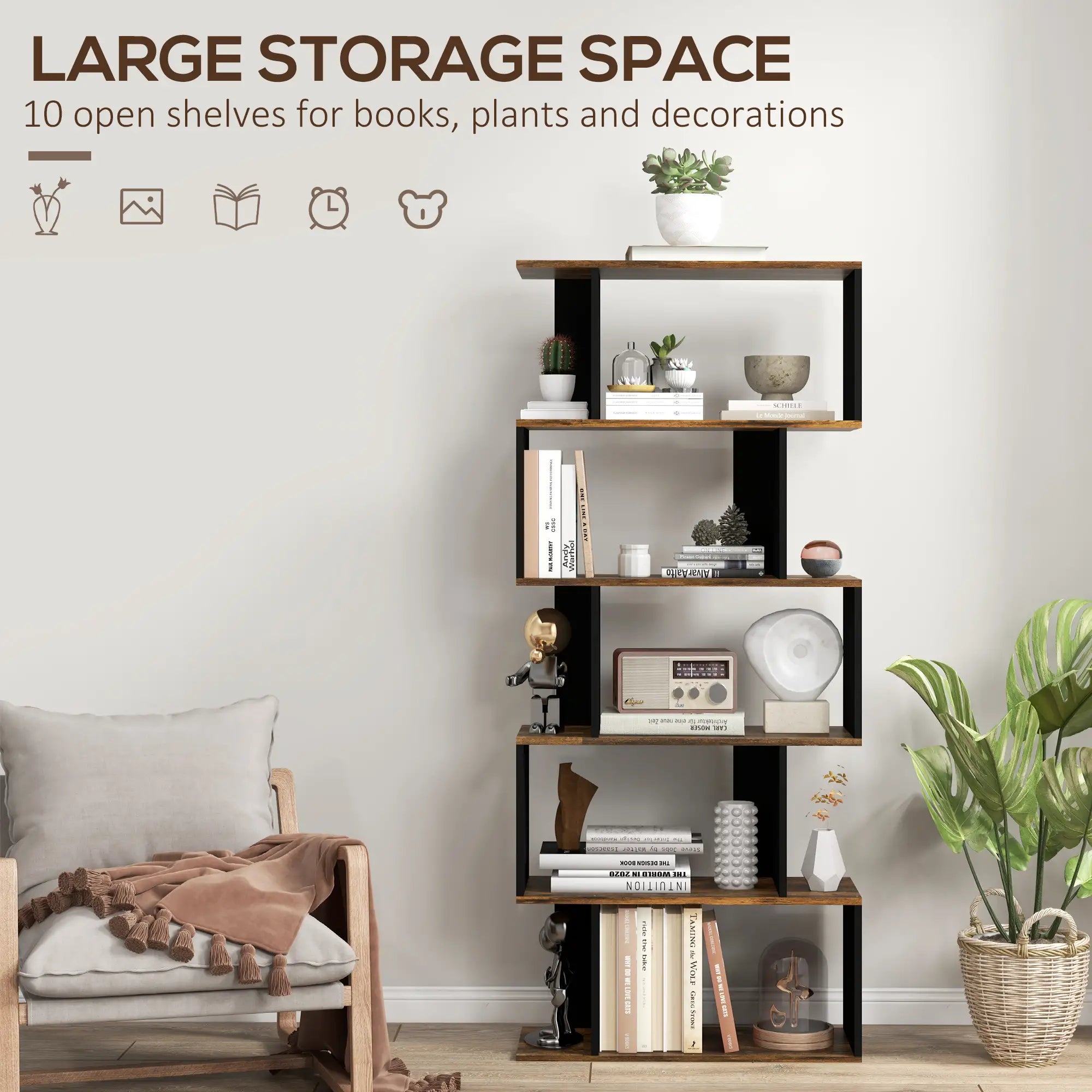 5 Tier Geometric S Shaped Bookcase, Tall Narrow Display Shelf, Rustic Brown Display Bookshelves at Gallery Canada