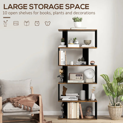 5 Tier Geometric S Shaped Bookcase, Tall Narrow Display Shelf, Rustic Brown Display Bookshelves at Gallery Canada