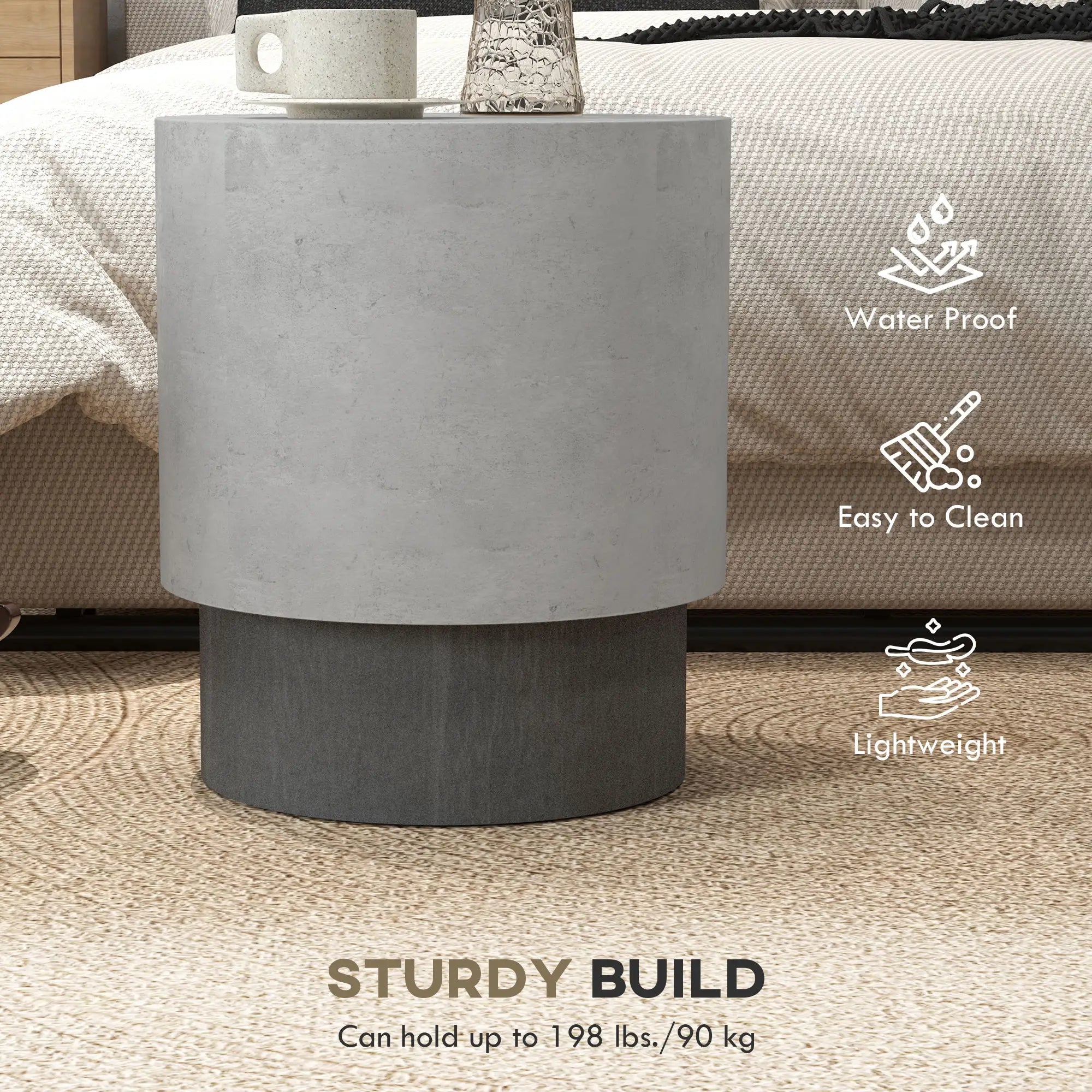 Lightweight Round Accent Table, Concrete Finish, 4 Adjustable Feet, Indoor Outdoor Side Tables at Gallery Canada