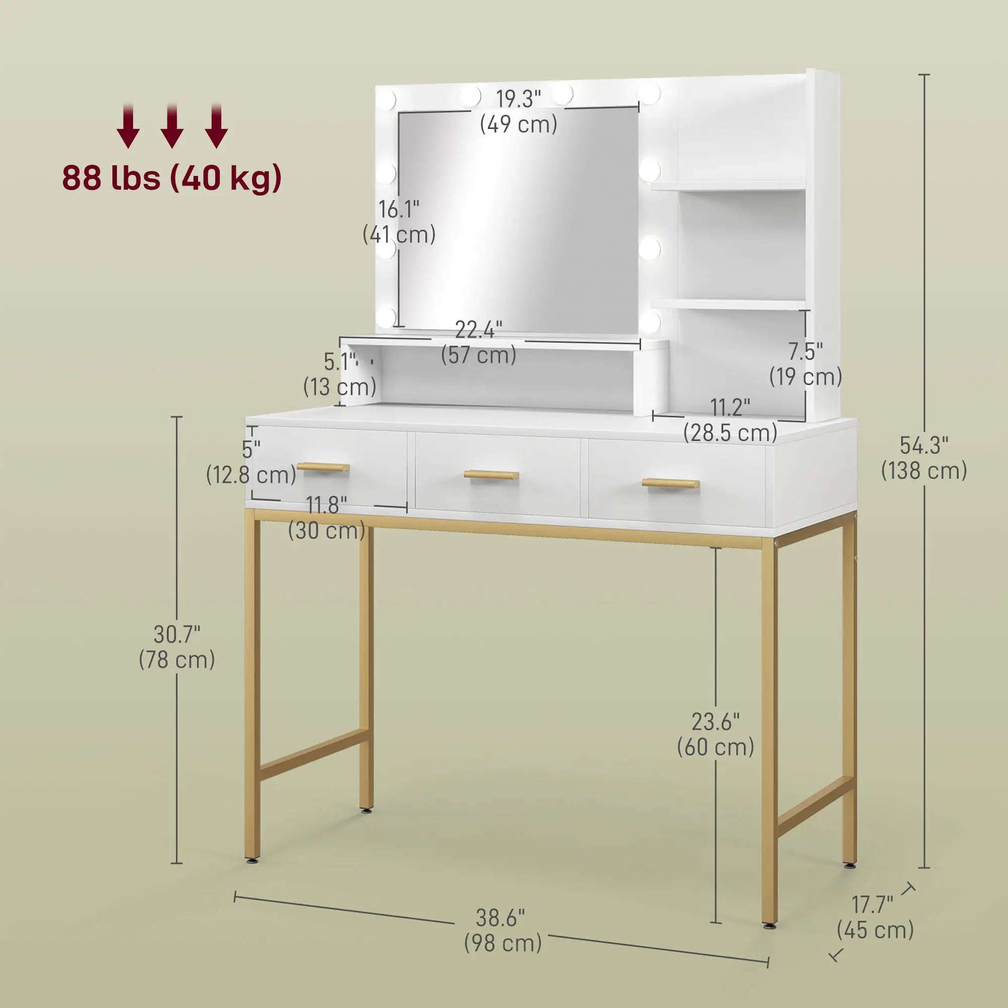 LED Vanity Table with Mirror, 3 Drawers, Storage Shelves, White Dressing & Vanity Tables at Gallery Canada
