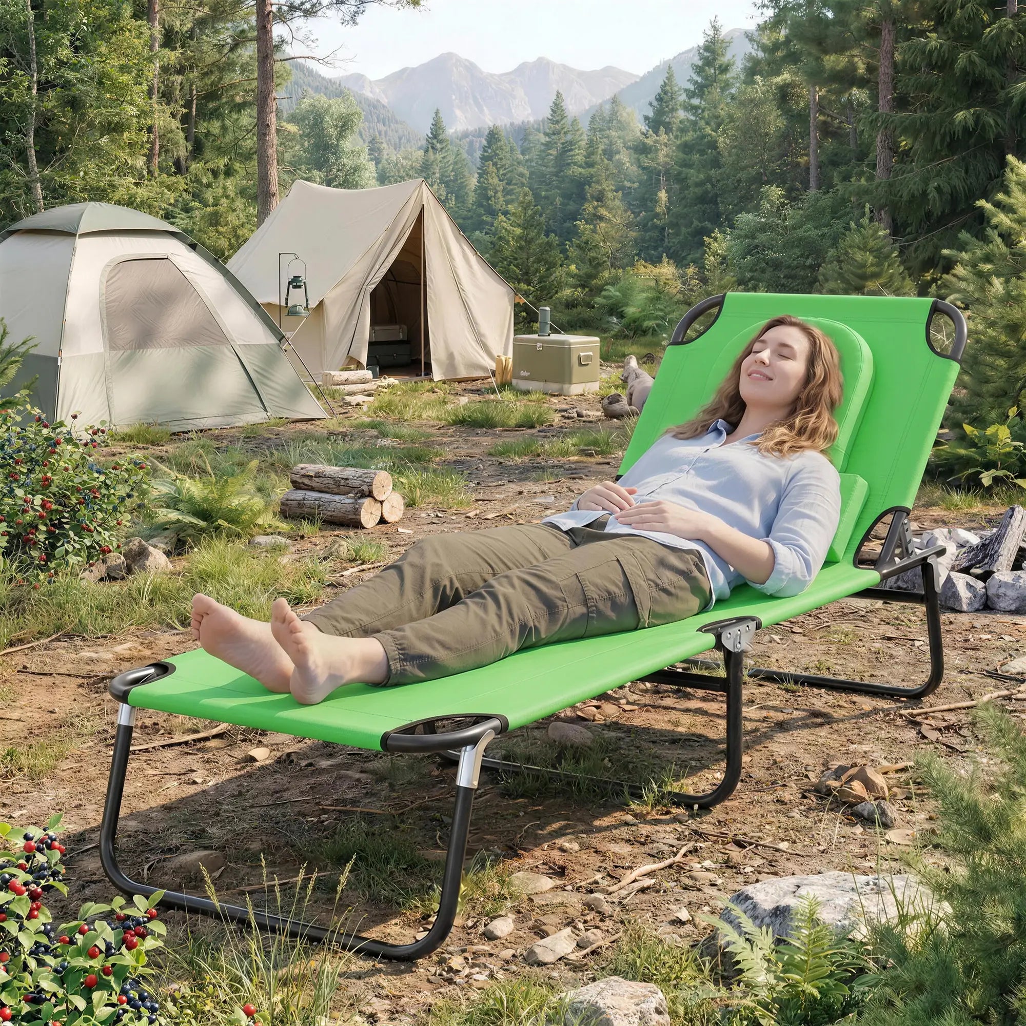Adjustable Outdoor Lounge Chair, Folding Chaise with Face Hole, Green Lounger Chairs at Gallery Canada