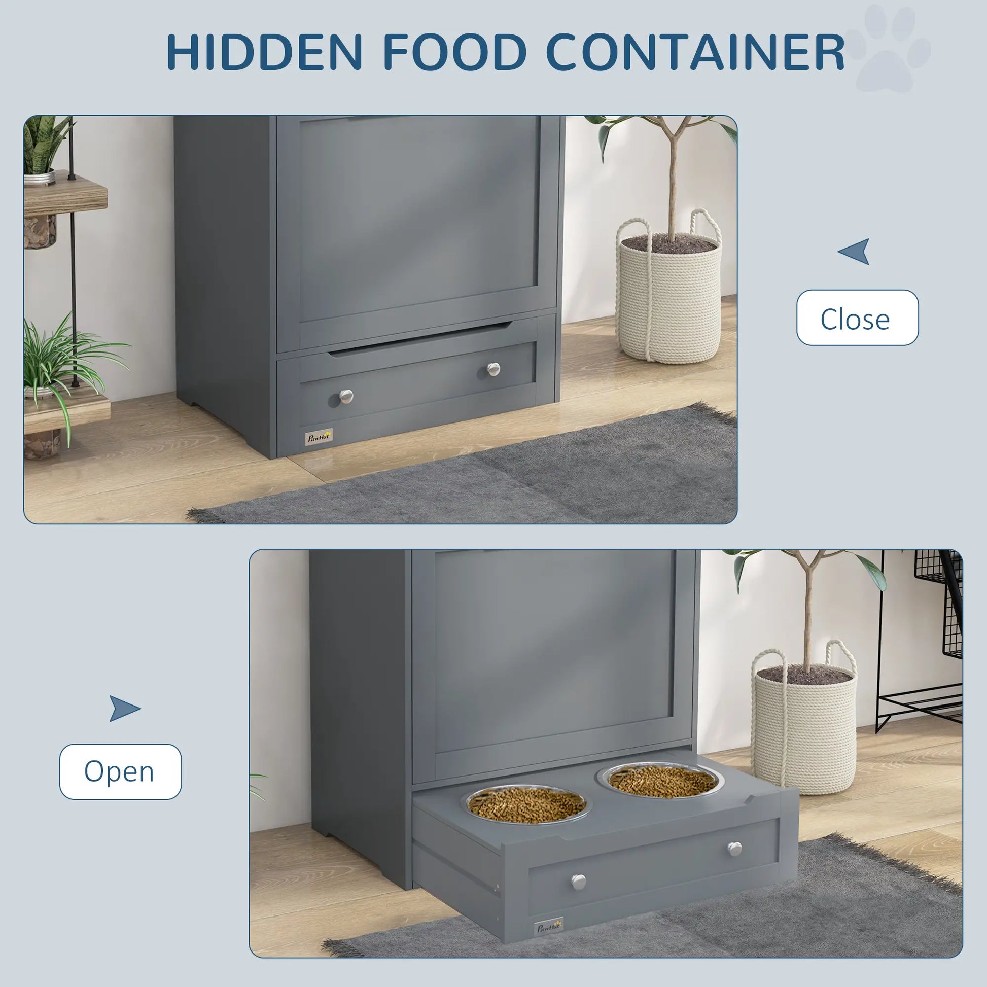 Pet Feeder Storage Cabinet, Dog Food Container with Bowls, Grey Dog Bowls at Gallery Canada
