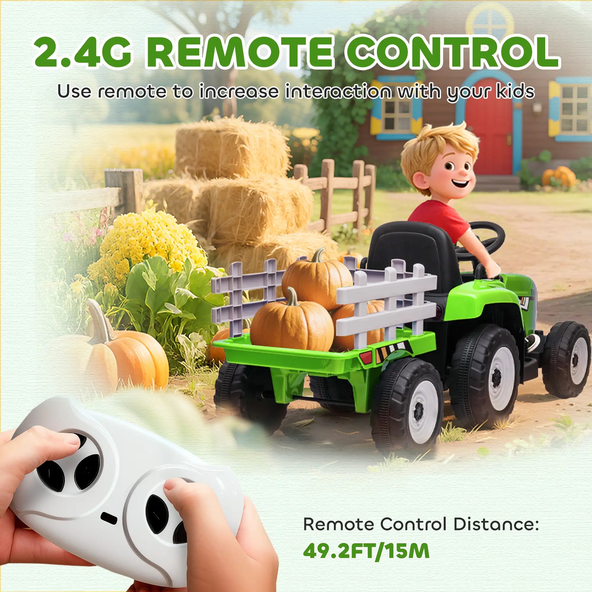 12V Kids Ride on Tractor with Trailer, Remote Control, Music, LED Lights, Green Electric Toy Cars at Gallery Canada