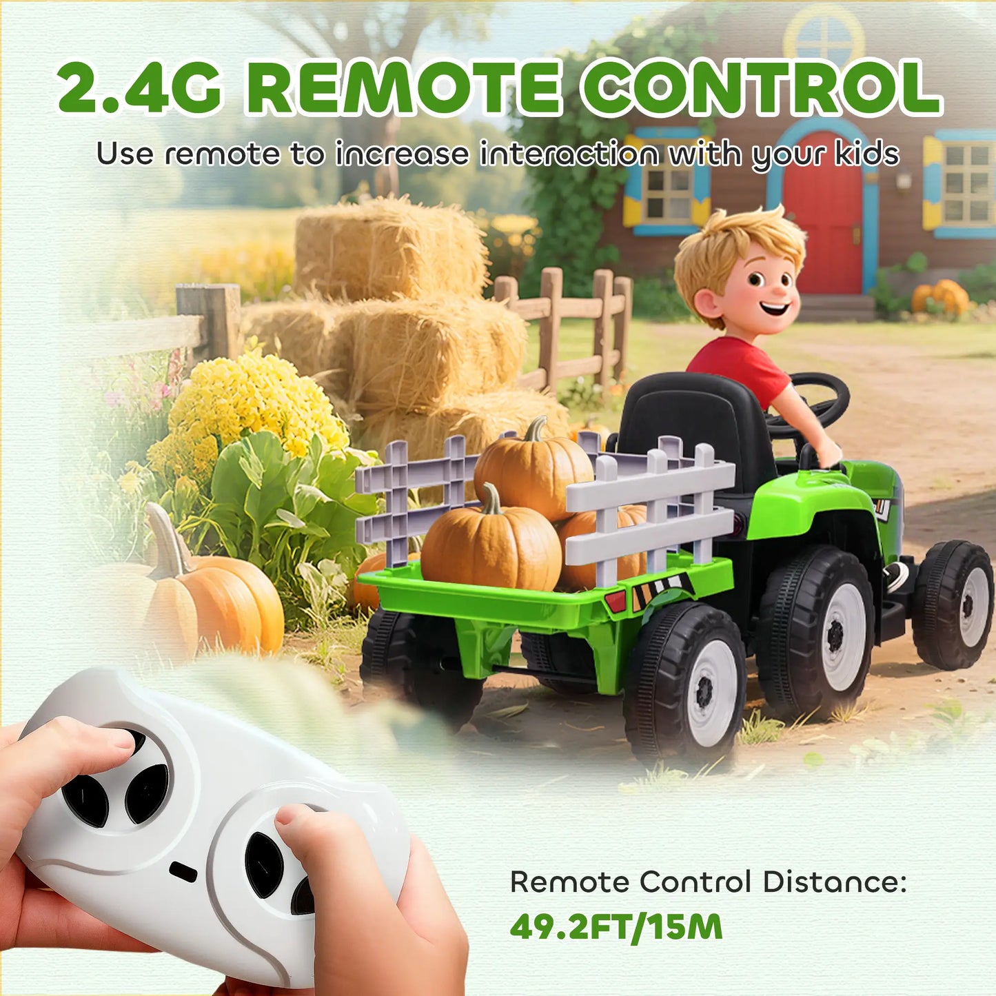 12V Kids Ride on Tractor with Trailer, Remote Control, Music, LED Lights, Green Electric Toy Cars at Gallery Canada