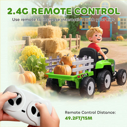 12V Kids Ride on Tractor with Trailer, Remote Control, Music, LED Lights, Green Electric Toy Cars at Gallery Canada