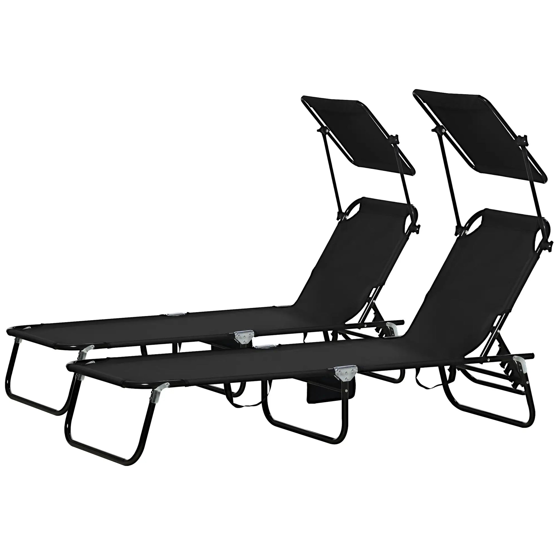 2 Piece Folding Chaise Lounges, Reclining Back, Sunshade, Black Lounger Chairs Black Fabric, Black Matte Frame at Gallery Canada