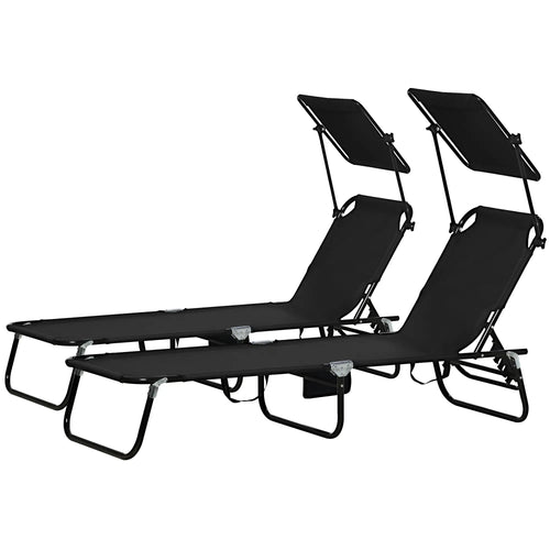 2 Piece Folding Chaise Lounges, Reclining Back, Sunshade, Black