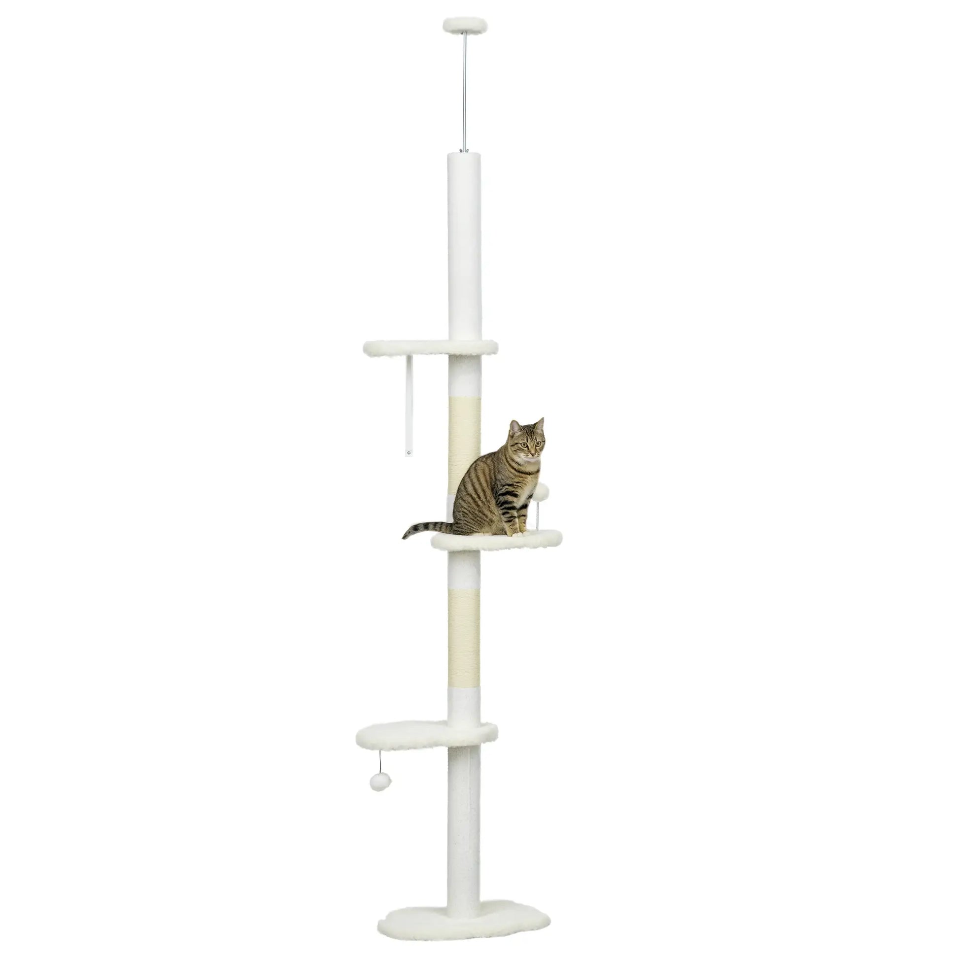 88.5"-100.5" Floor to Ceiling Cat Tree, Scratching Posts, Cloud Platforms, Dangling Balls, White Floor to Ceiling Cat Trees at Gallery Canada