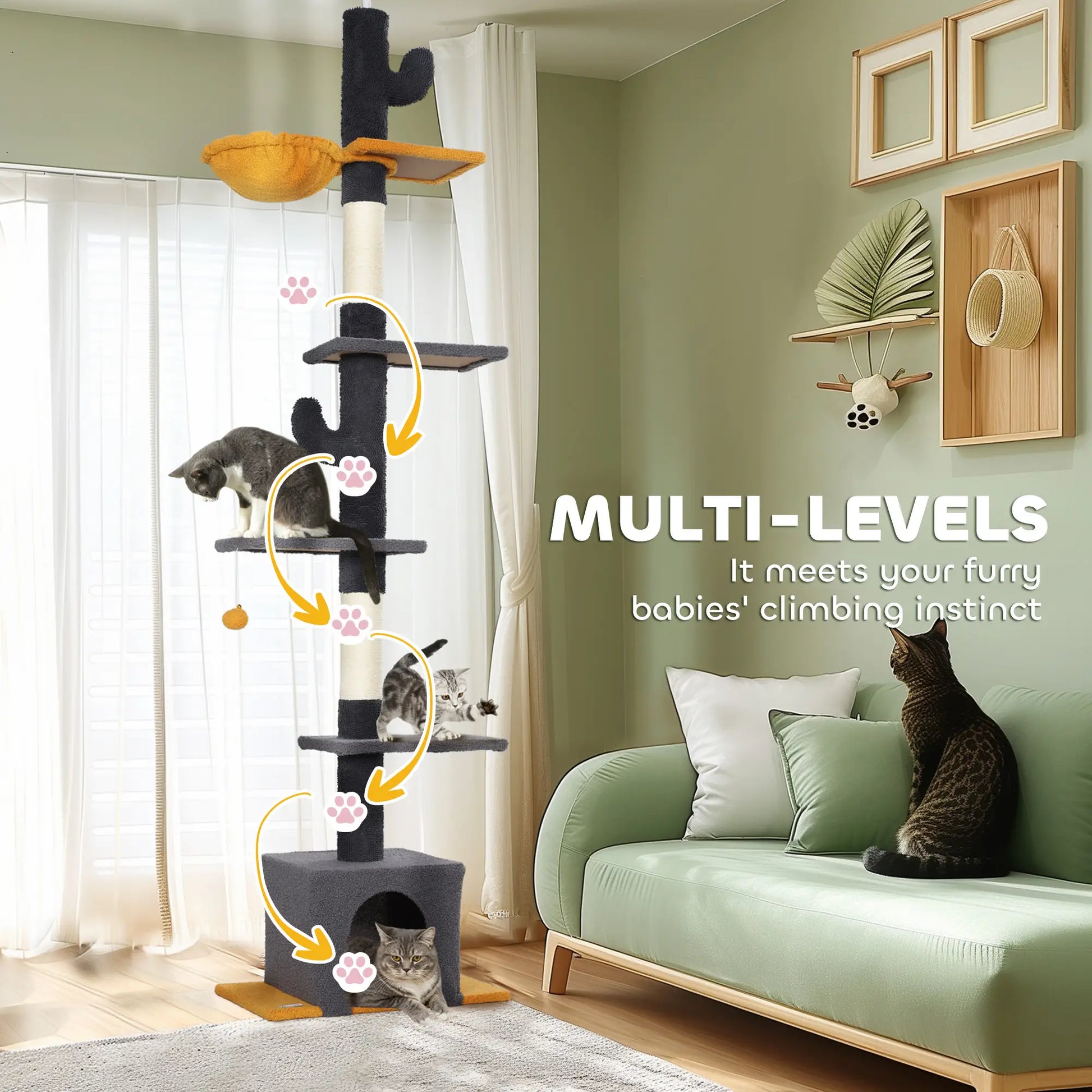 Adjustable Cat Tree Tower, 90.5"-108", Scratching Posts, Hammock, Condo, Dark Grey Floor to Ceiling Cat Trees at Gallery Canada