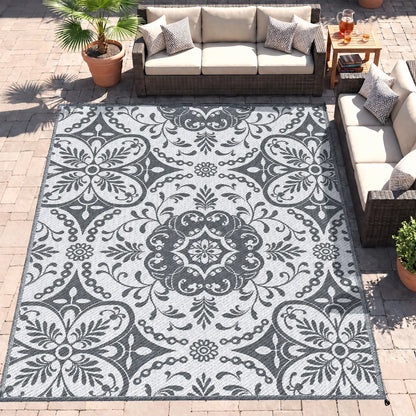 Tapis Extérieur Portable, 9' x 12', Imperméable, Fleur Blanche, Gris