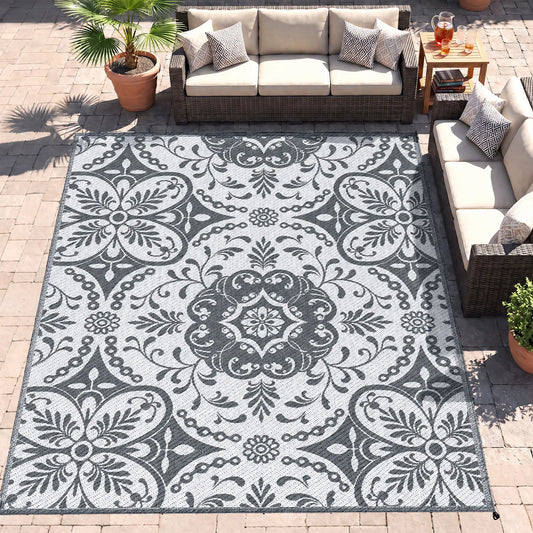 Portable Outdoor Rug, 9' x 12', Waterproof, White Flower, Gray Outdoor Reversible Rugs Options at Gallery Canada