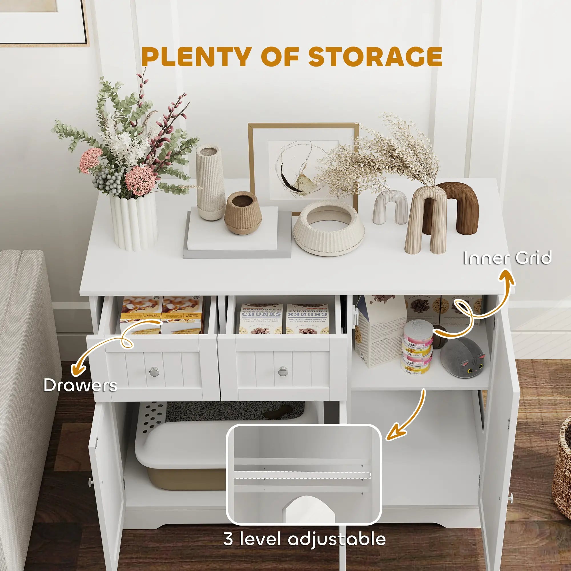 Cat Litter Box Enclosure with Drawer, Storage, Anti-Tip Kit, White Cat Litter Box Enclosures at Gallery Canada