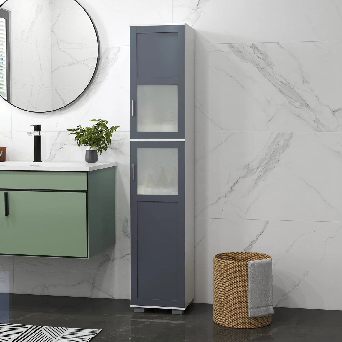 75" Tall Bathroom Storage Cabinet, Matte Glass Doors, 5-Tier Shelving, Grey, White Bathroom Cabinets at Gallery Canada