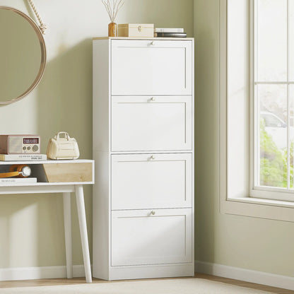 Shoe Storage Cabinet, 4 Flip Drawers, Adjustable Shelves, 18-24 Pairs, White