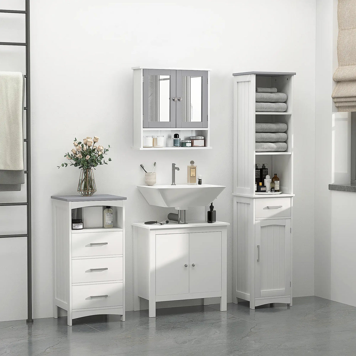 3-Piece Bathroom Set, Tall and Small Cabinets, Wall Mount Mirror, White Storage Cabinets at Gallery Canada