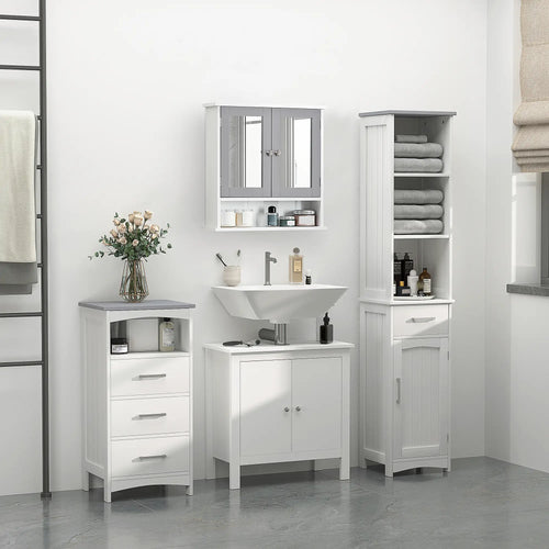 3-Piece Bathroom Set, Tall and Small Cabinets, Wall Mount Mirror, White