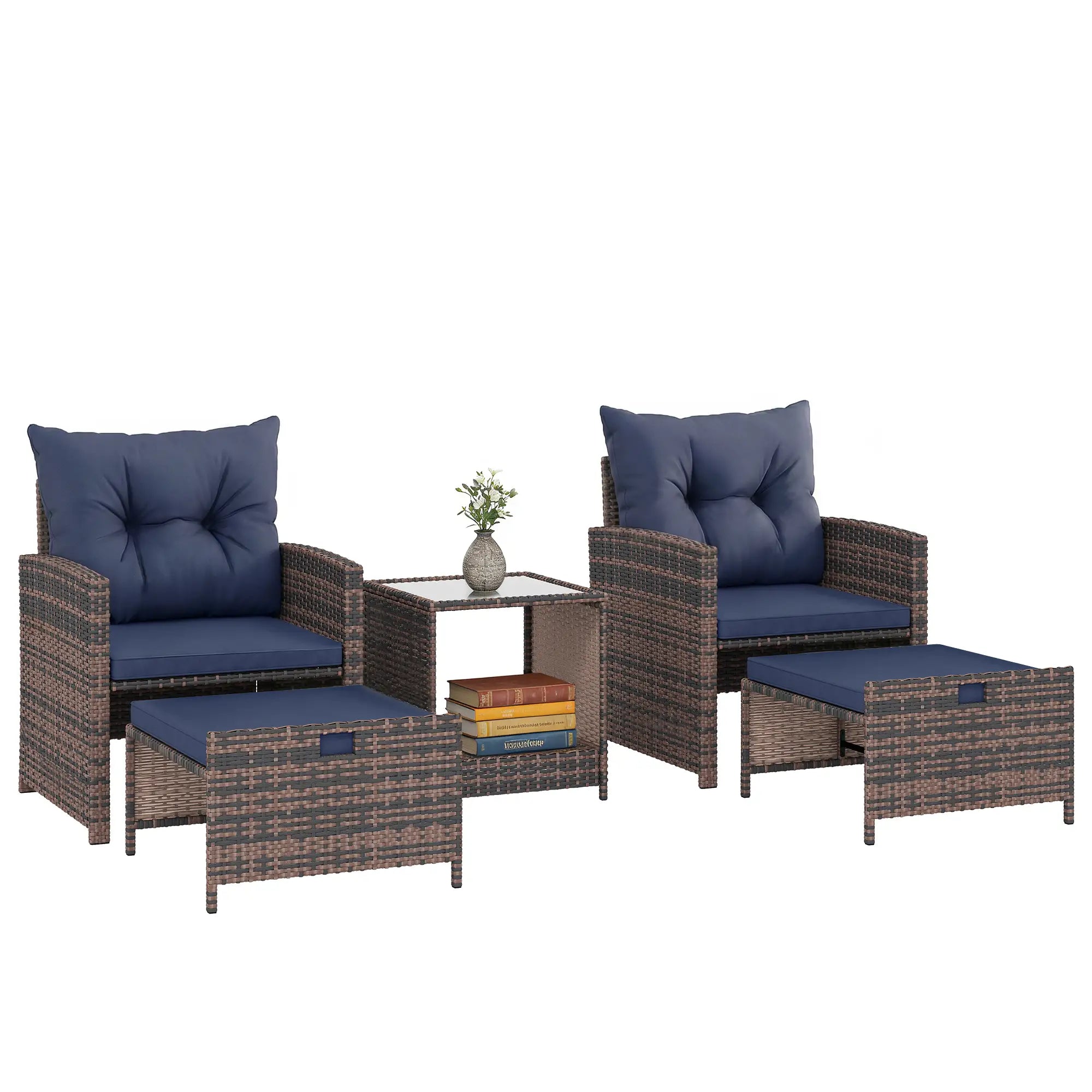 5 Piece Patio Set, Wicker Chairs With Ottomans, Glass Coffee Table, Brown/Dark Blue Patio Furniture Sets at Gallery Canada