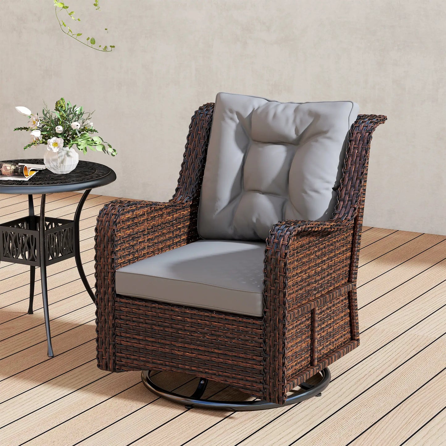 PE Rattan Swivel Patio Chair with Cushion, Dark Grey Patio Chairs at Gallery Canada