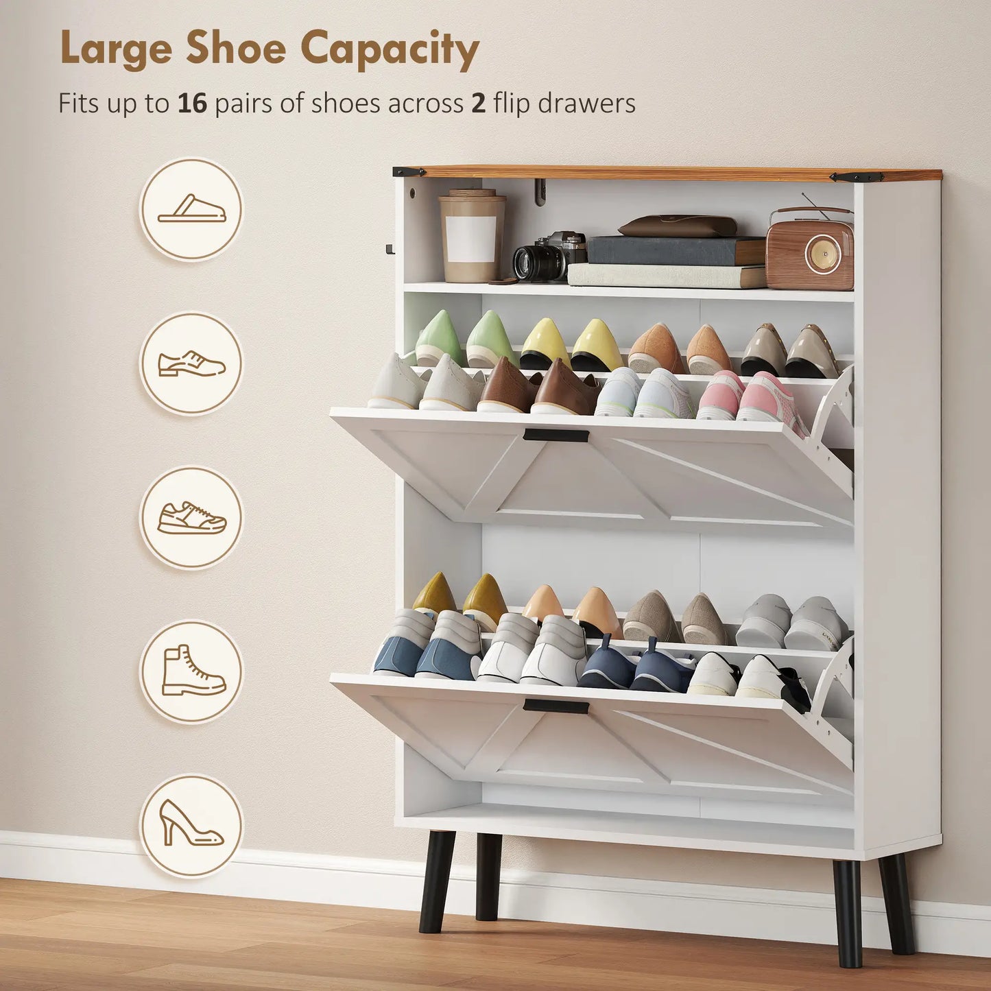 Shoe Storage Cabinet With 2 Flip Drawers, Farmhouse Narrow, White Shoe Storage Cabinets & Racks at Gallery Canada